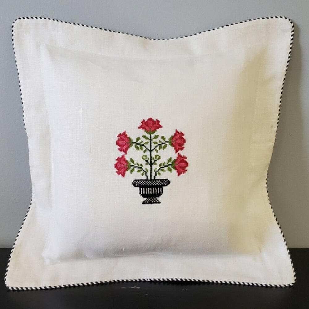 Farmhouse Country French Flower Topiary Embroidered  Linen Pillow